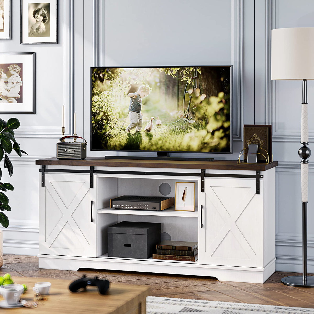 65 Inch TV Stand with Sliding Barn Doors and Storage Cabinet U820189