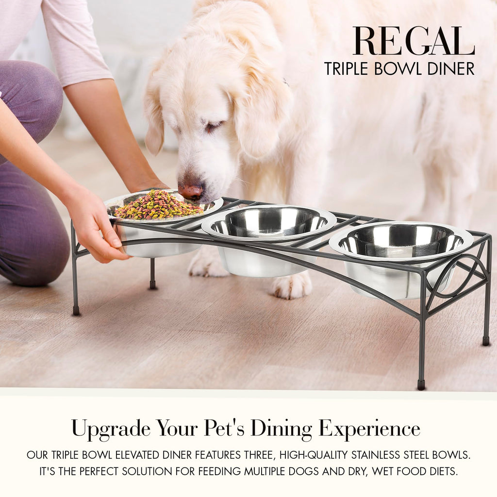 Black Triple Bowl Dog and Cat Feeder Stand with 3-2 Qt Stainless Bowls X80387