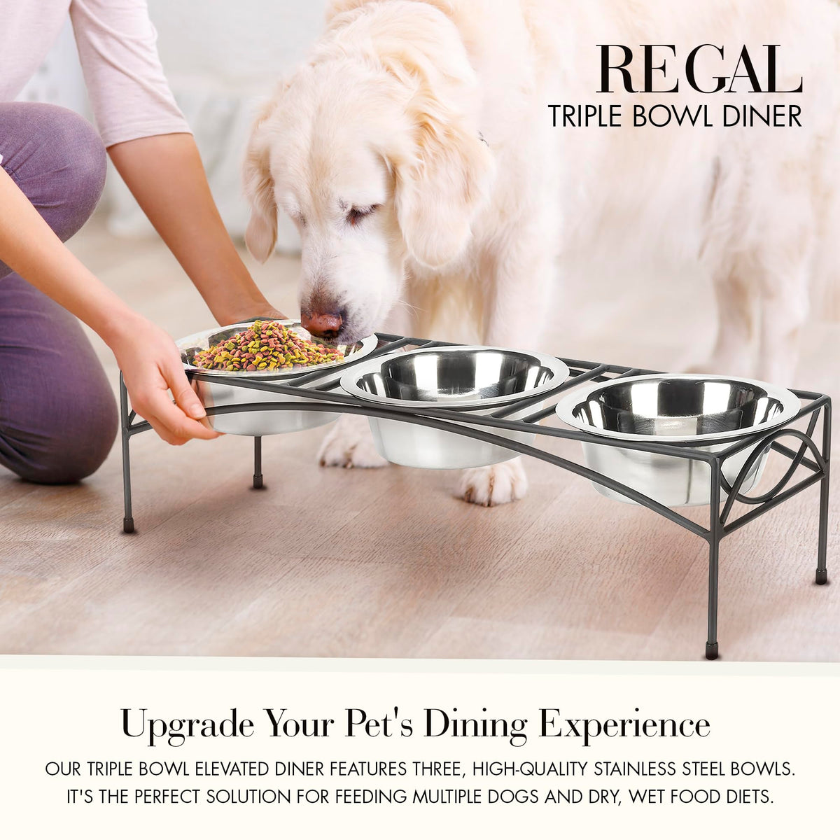 Black Triple Bowl Dog and Cat Feeder Stand with 3-2 Qt Stainless Bowls X80387