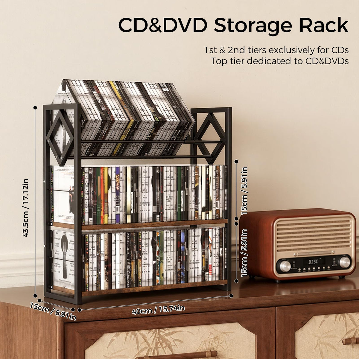 3-Tier Wooden and Metal CD Storage Rack N290