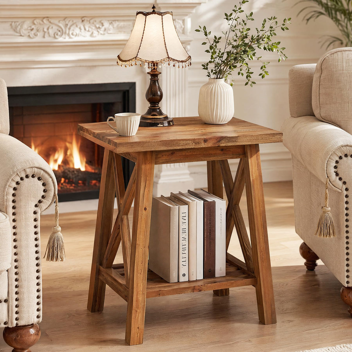Solid Wood End Table Set of 2, Square Side Table with Storage, 2-Tier Nightstand, Brown G9614