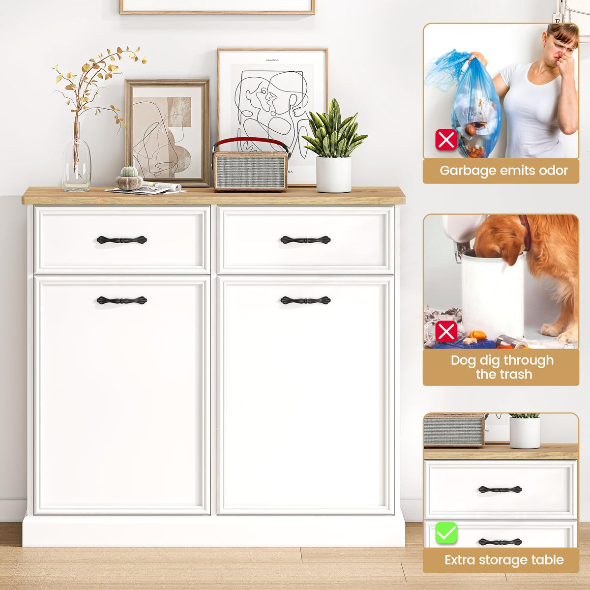 White Wooden Double Tilt Out Trash Cabinet R5770