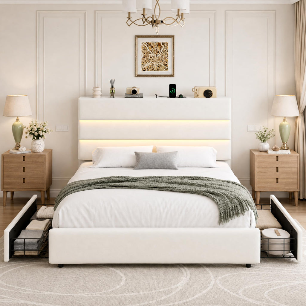 Beige Queen Size Bed Frame with 2 Storage Drawers A299