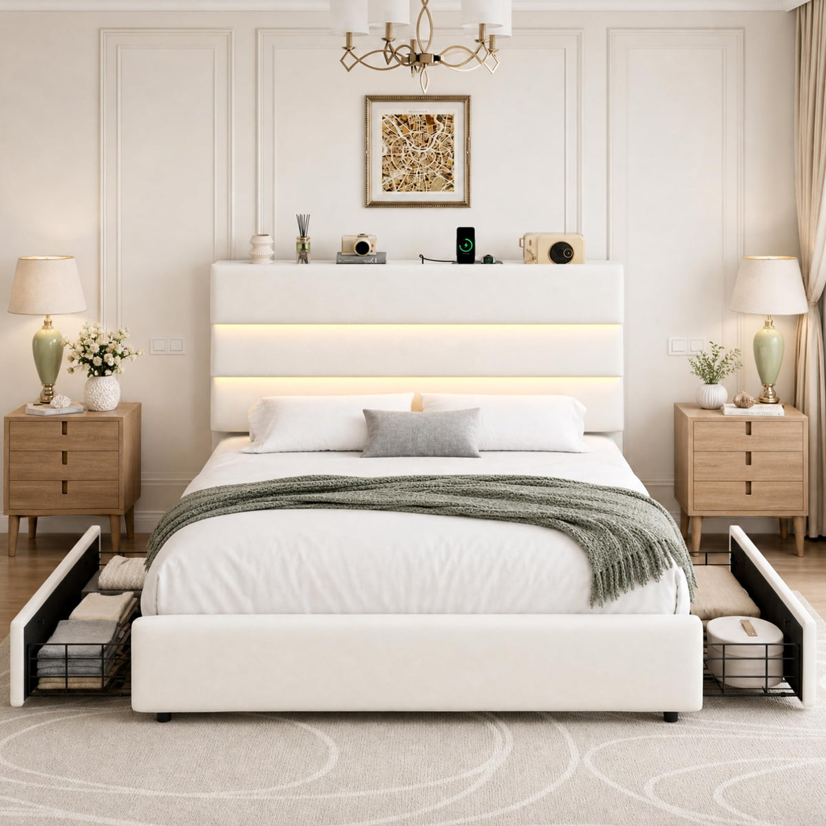 Beige Queen Size Bed Frame with 2 Storage Drawers A299