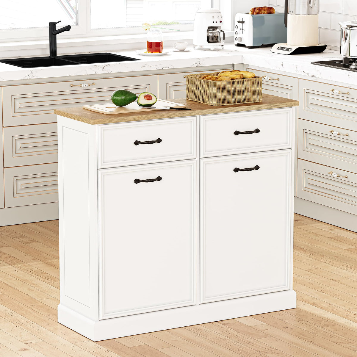 White Wooden Double Tilt Out Trash Cabinet R5770