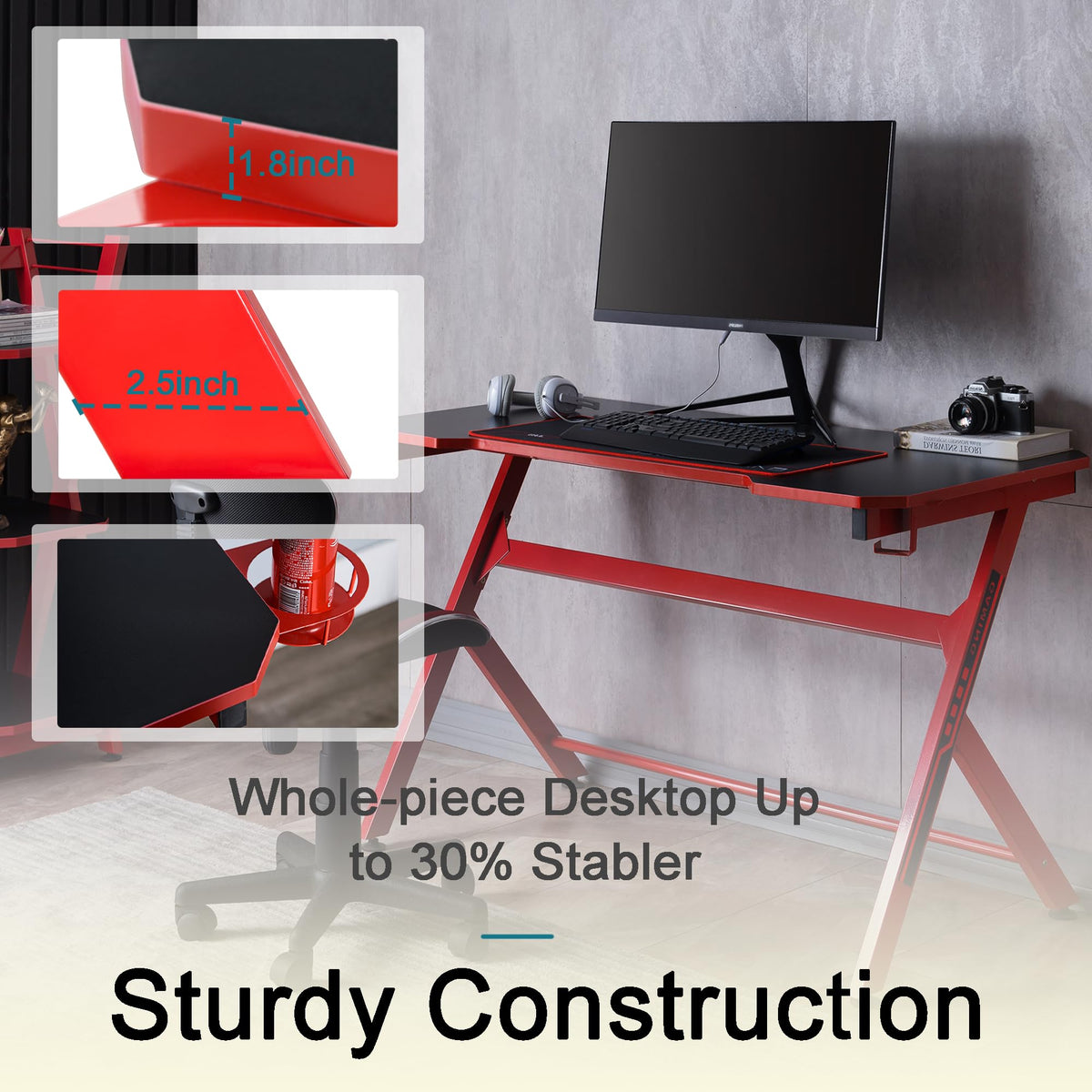 48" Black Red Gaming Computer Desk with Cup Holder L165