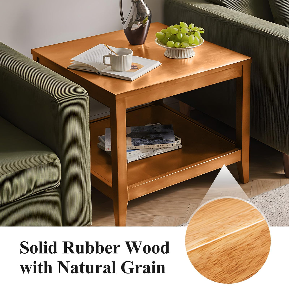 Solid Wood Square Side Table with Storage Shelf S9103