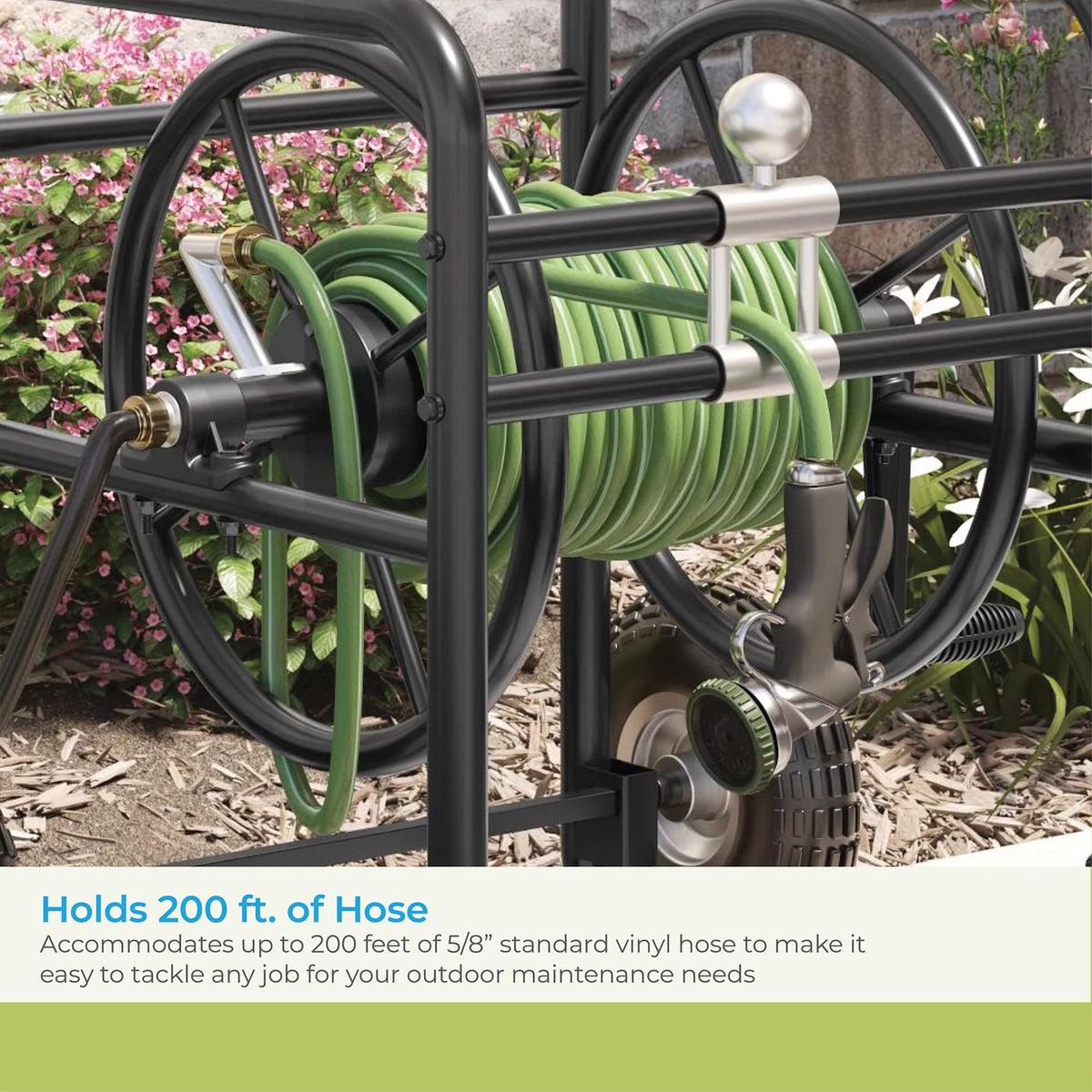 200' Steel Garden Hose Reel Cart with Flat-Free Rubber Tires A138