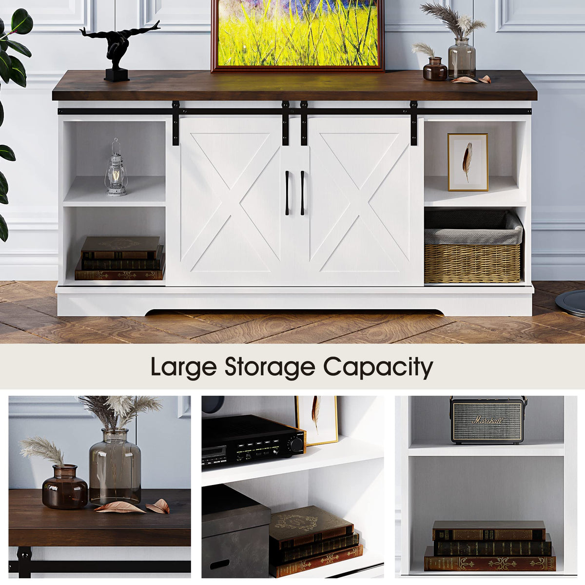 65 Inch TV Stand with Sliding Barn Doors and Storage Cabinet U820189