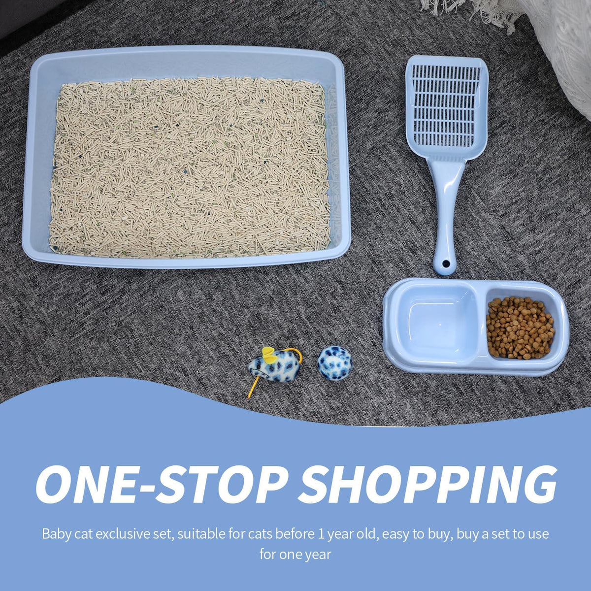 Cat Litter Box Set with Litter Scoop, Double Dish Cat Bowl, Mouse and Ball Toy X17128