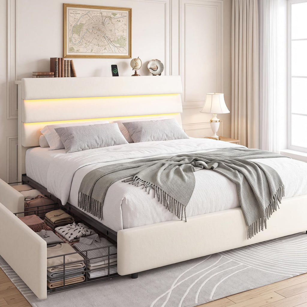 Beige Queen Size Bed Frame with 2 Storage Drawers A299