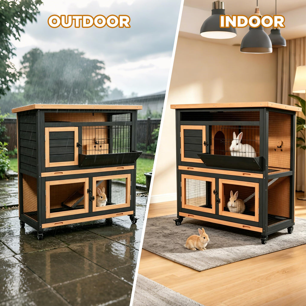 2-Tier Wooden Rabbit Hutch with Wheels B26290