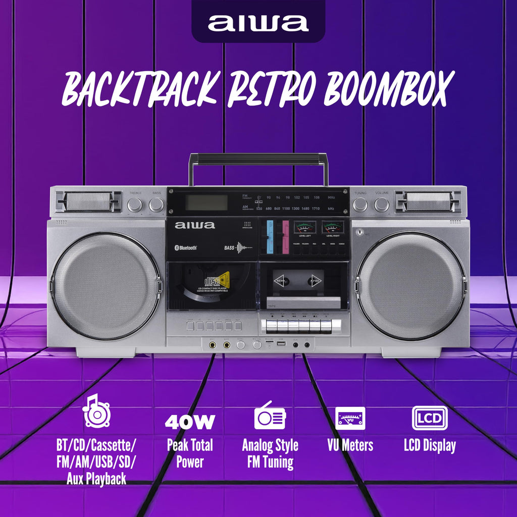 Retro Boombox CD Player with Cassette Recording, Bluetooth, FM/AM Radio, USB/SD/AUX Inputs, Dual 40W Speakers L239