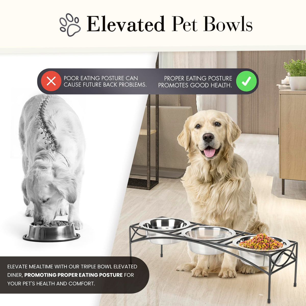 Black Triple Bowl Dog and Cat Feeder Stand with 3-2 Qt Stainless Bowls X80387