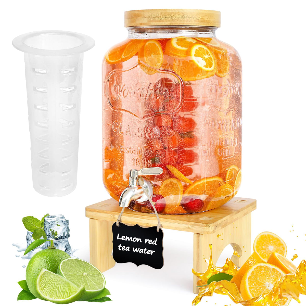 2 Gallon Glass Beverage Dispenser with Wood Stand G3093