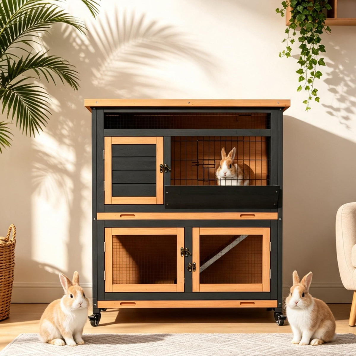 2-Tier Wooden Rabbit Hutch with Wheels B26290