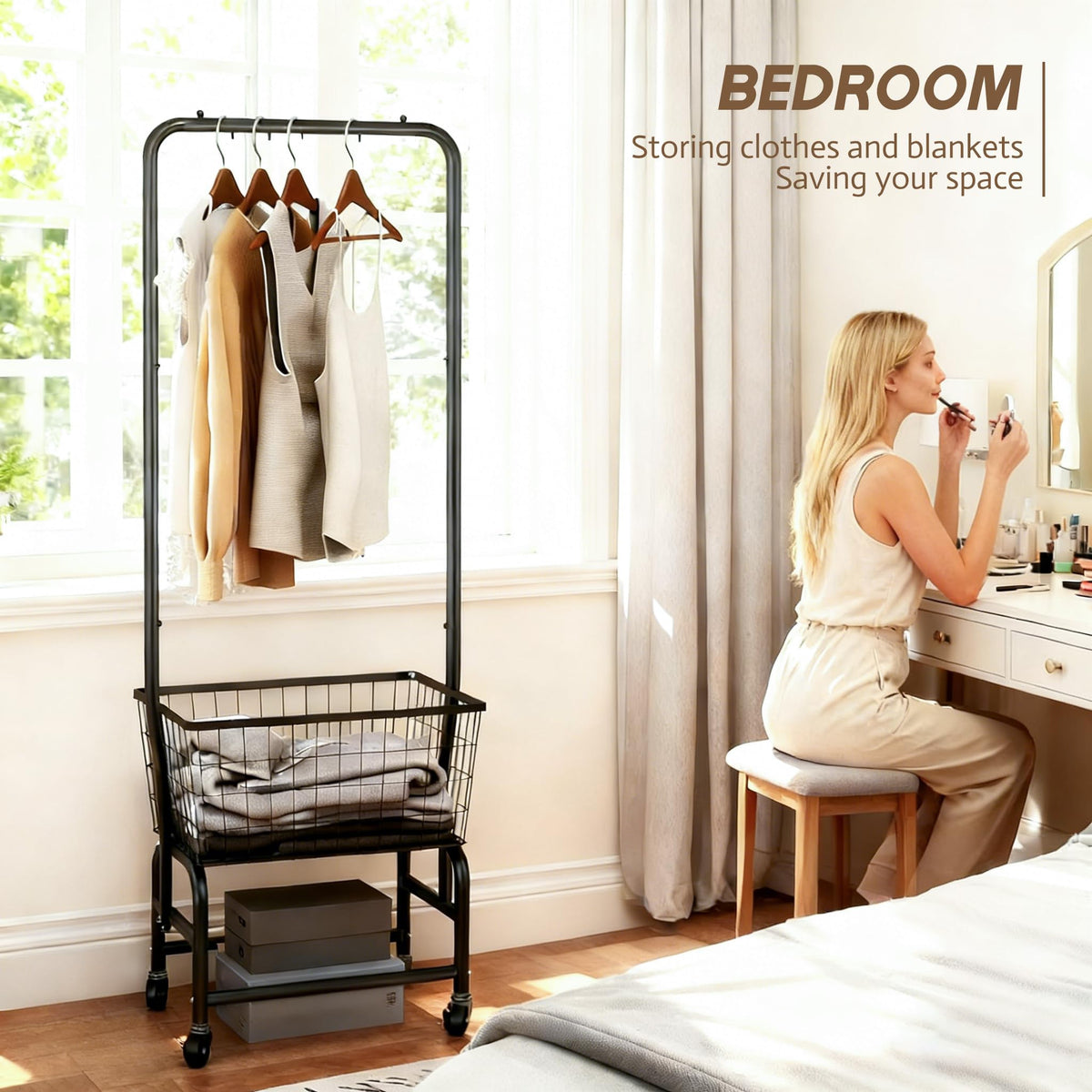 Black Rolling Laundry Cart with Hanging Rack P4558