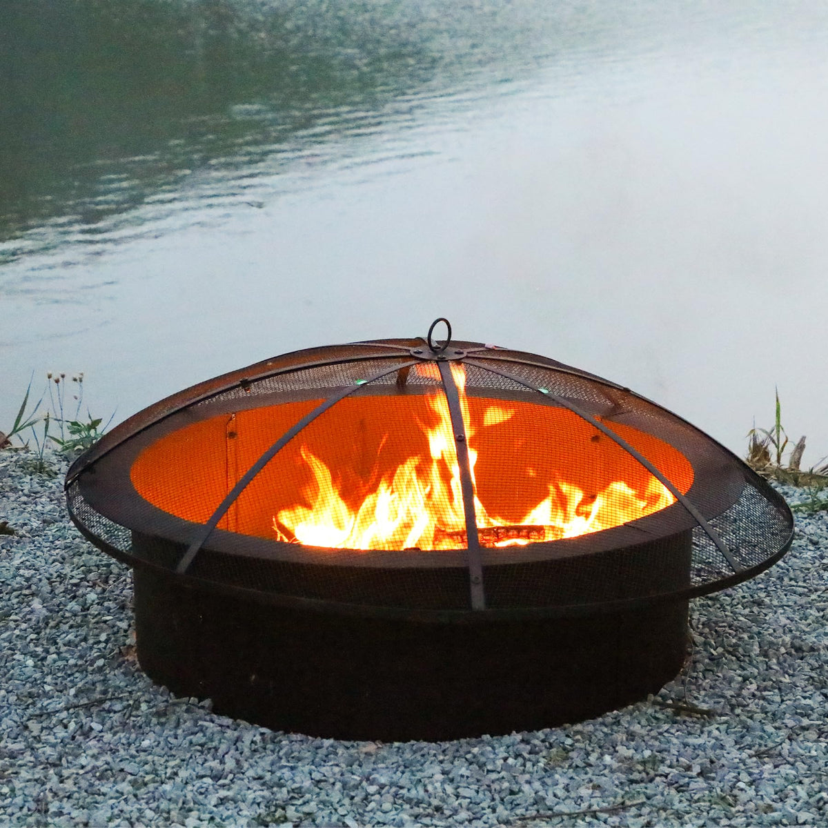 30 Inch Round Metal Fire Pit Spark Screen with Handle & Poker N204