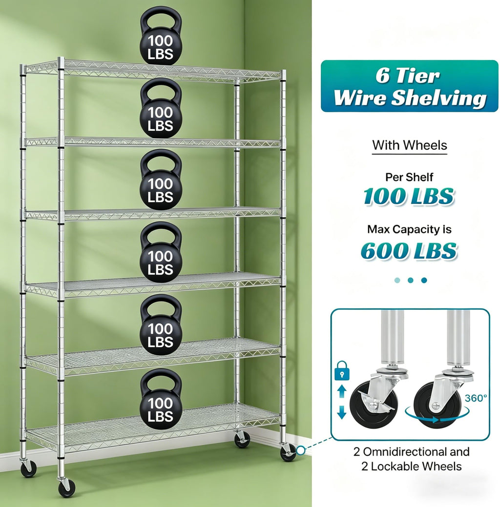 6-Tier Heavy Duty Steel Wire Shelving Unit with Wheels W19181