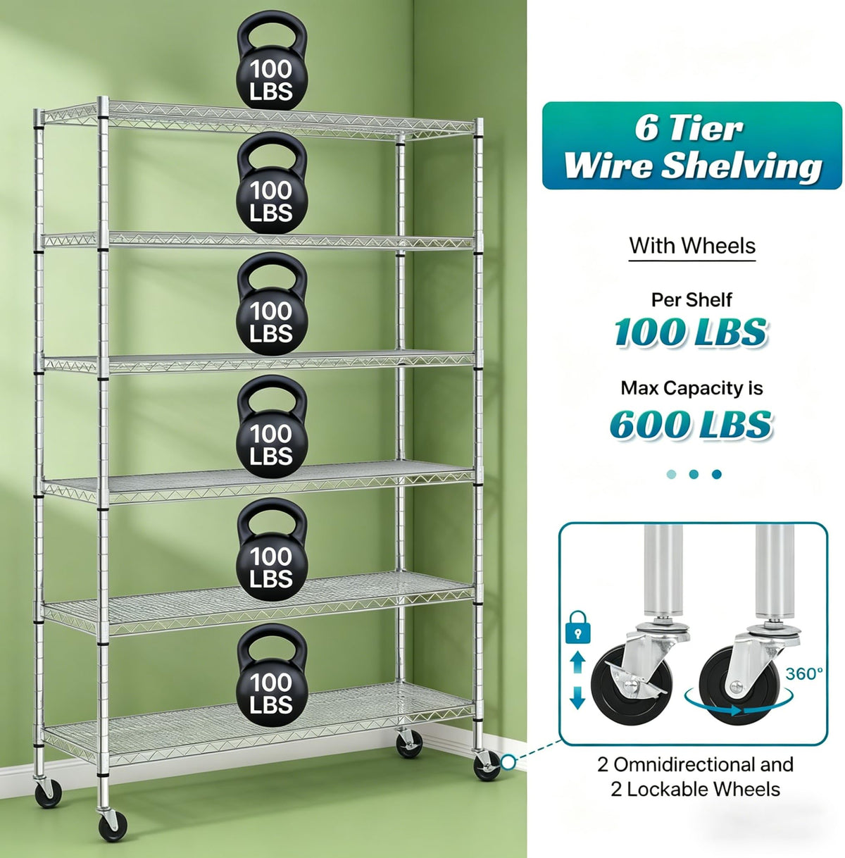 6-Tier Heavy Duty Steel Wire Shelving Unit with Wheels W19181