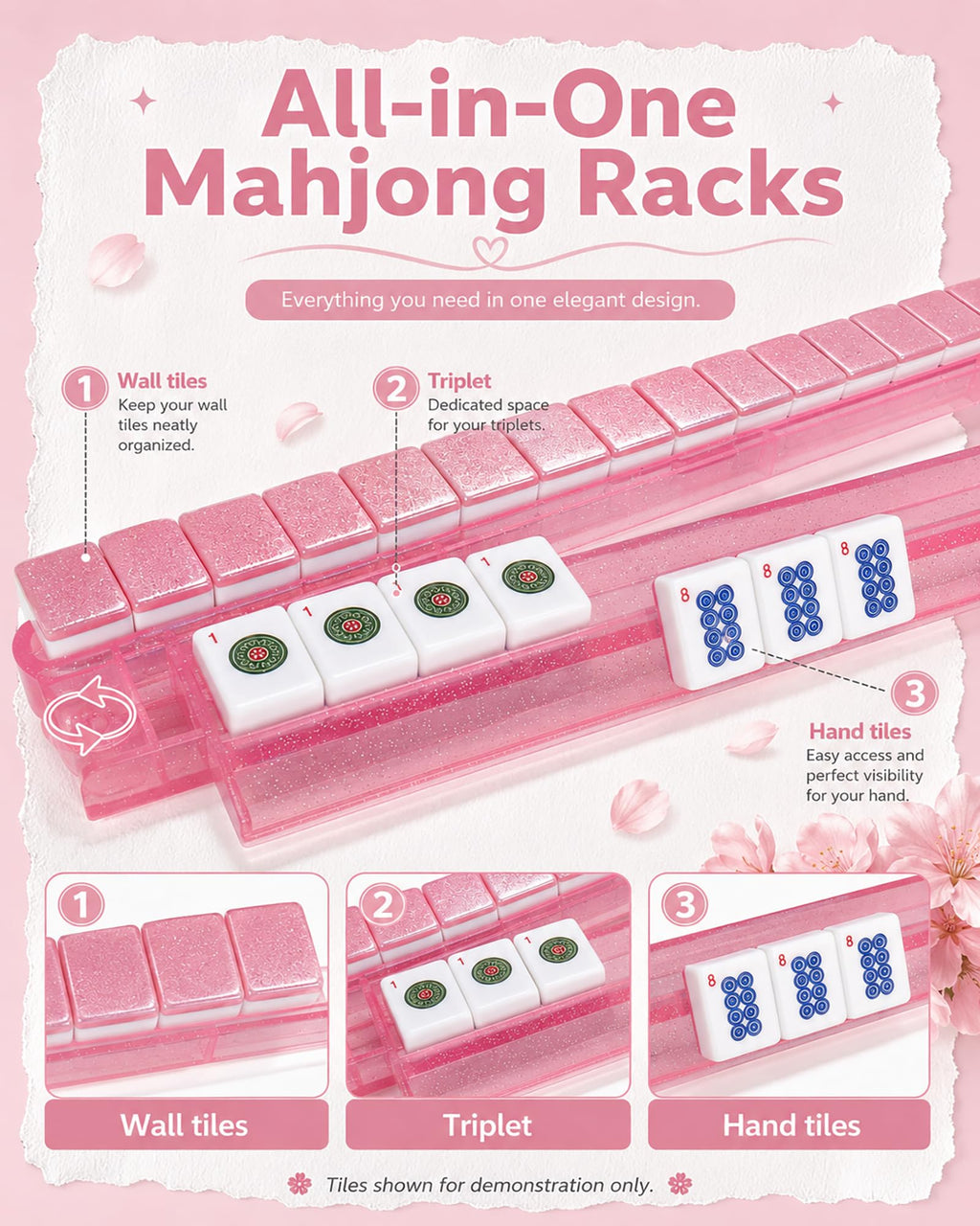 Pink Glitter Acrylic Mahjong Racks with Pushers Set of 4 F9773