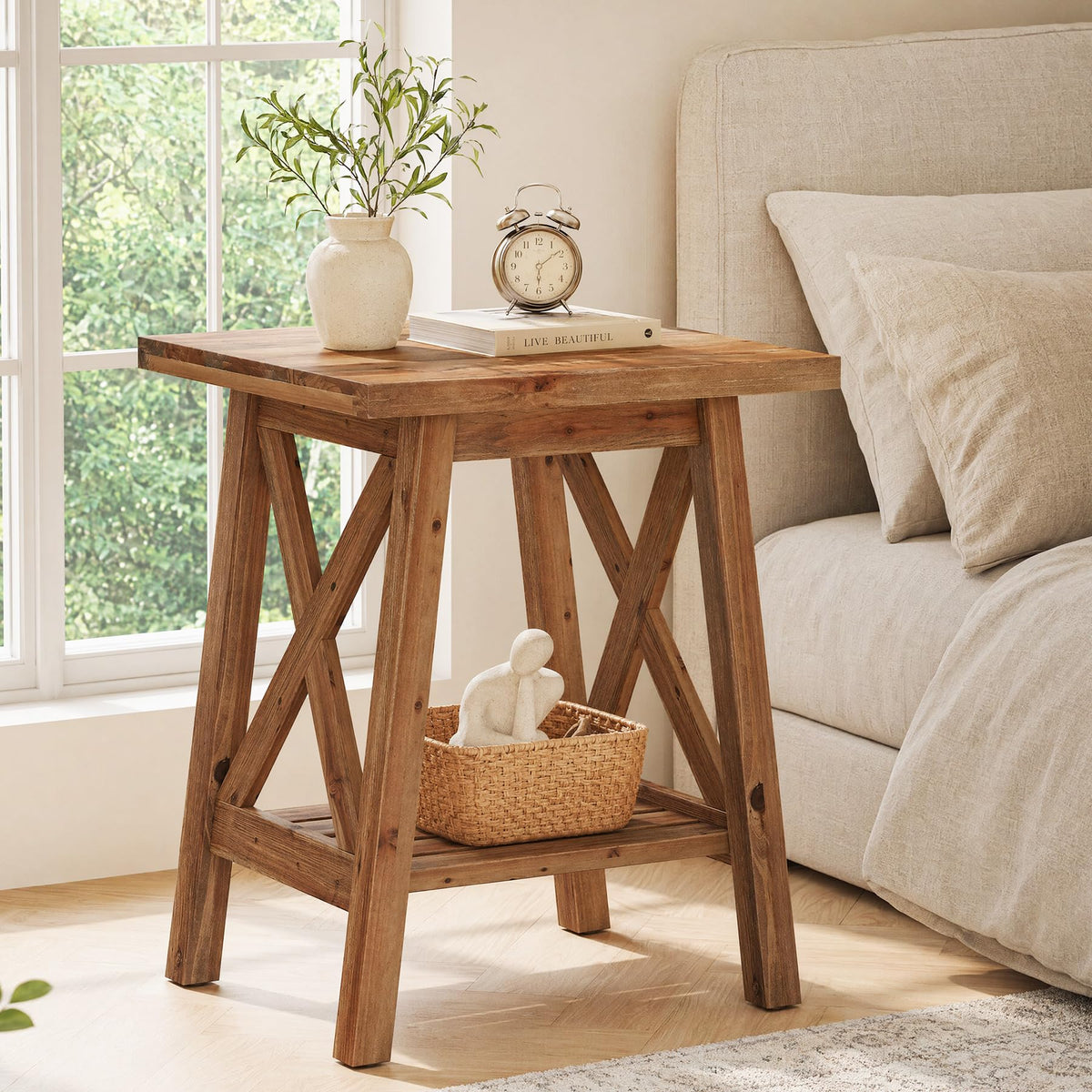 Solid Wood End Table Set of 2, Square Side Table with Storage, 2-Tier Nightstand, Brown G9614