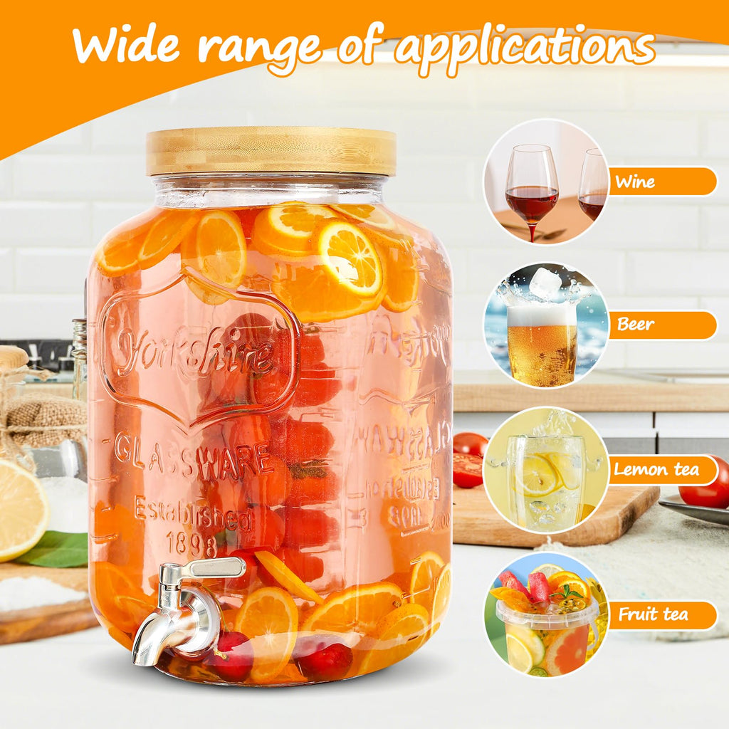 2 Gallon Glass Beverage Dispenser with Wood Stand G3093