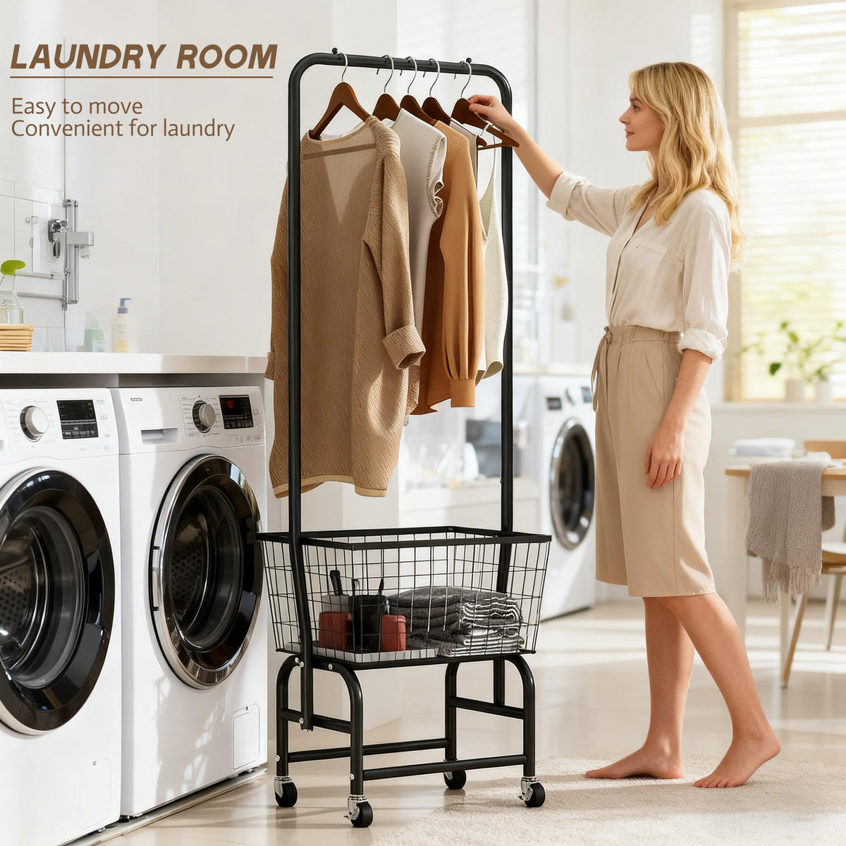 Black Rolling Laundry Cart with Hanging Rack P4558