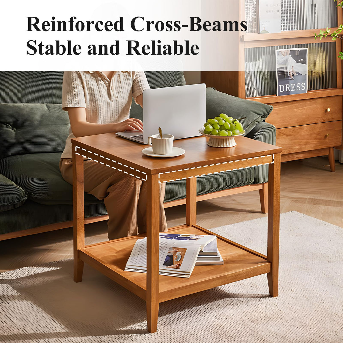 Solid Wood Square Side Table with Storage Shelf S9103