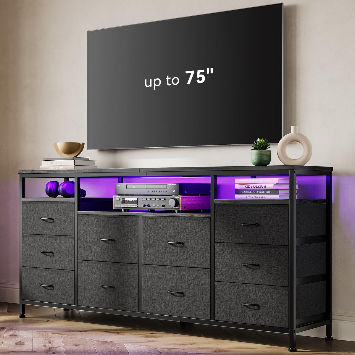 10 Drawer Dresser TV Stand with LED Lights and Power Outlets F3787