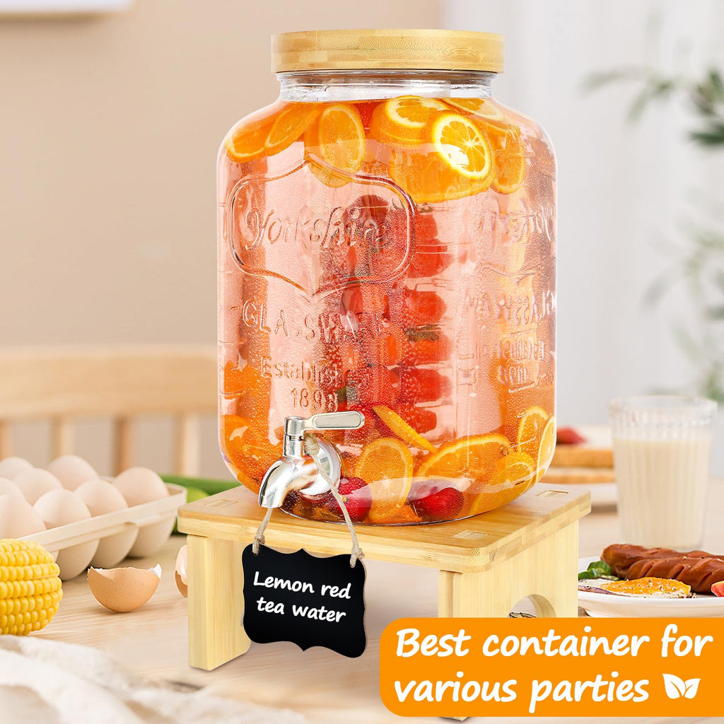 2 Gallon Glass Beverage Dispenser with Wood Stand G3093