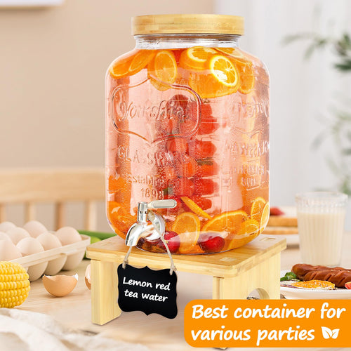 2 Gallon Glass Beverage Dispenser with Wood Stand G3093