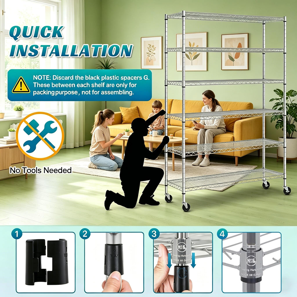 6-Tier Heavy Duty Steel Wire Shelving Unit with Wheels W19181