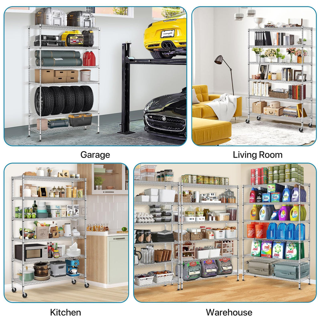 6-Tier Heavy Duty Steel Wire Shelving Unit with Wheels W19181