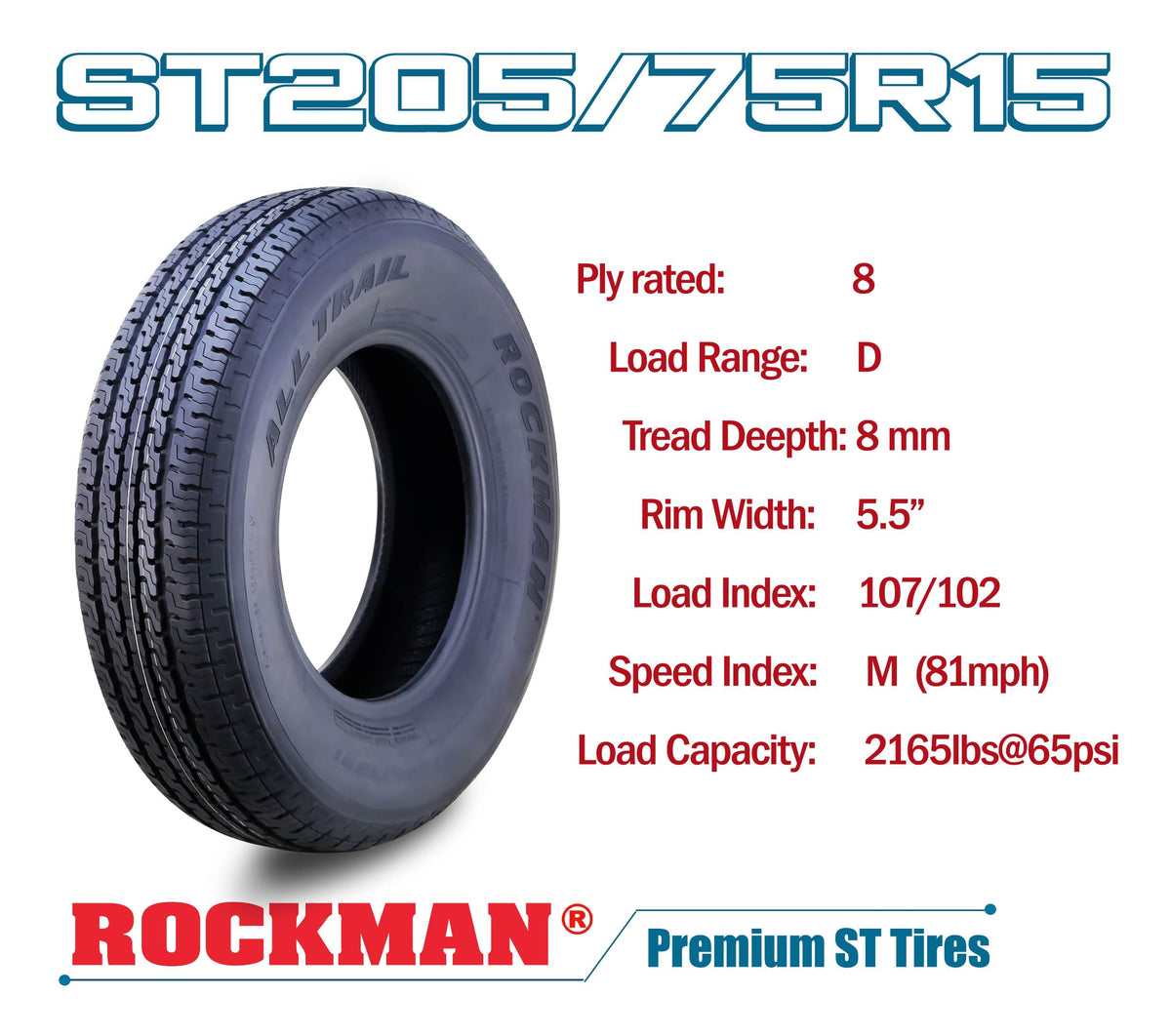 Trailer Tire Wheel ST205/75R15 8-Ply Silver Rim P167