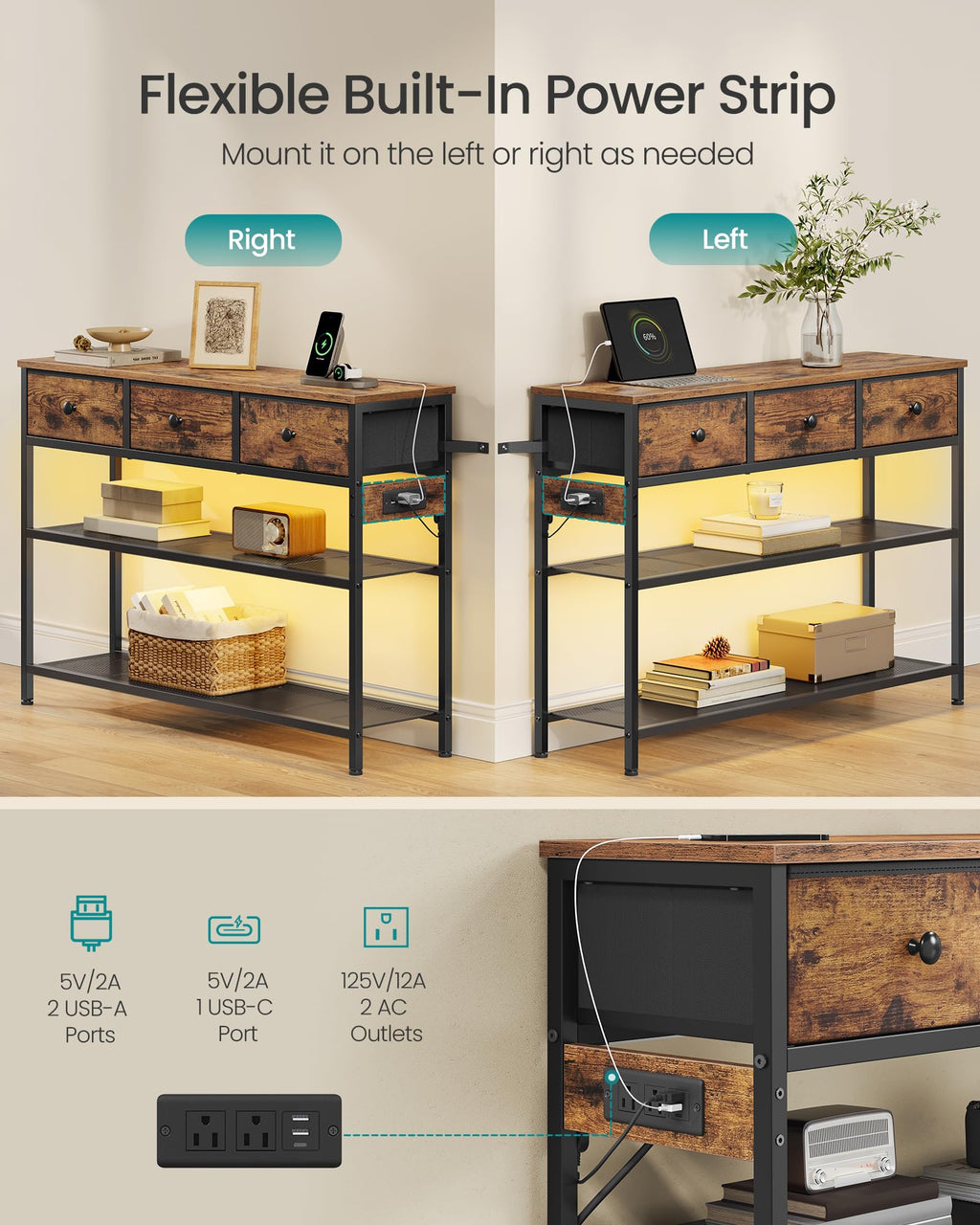 Console Table with Power Outlets and LED Lights Y8222