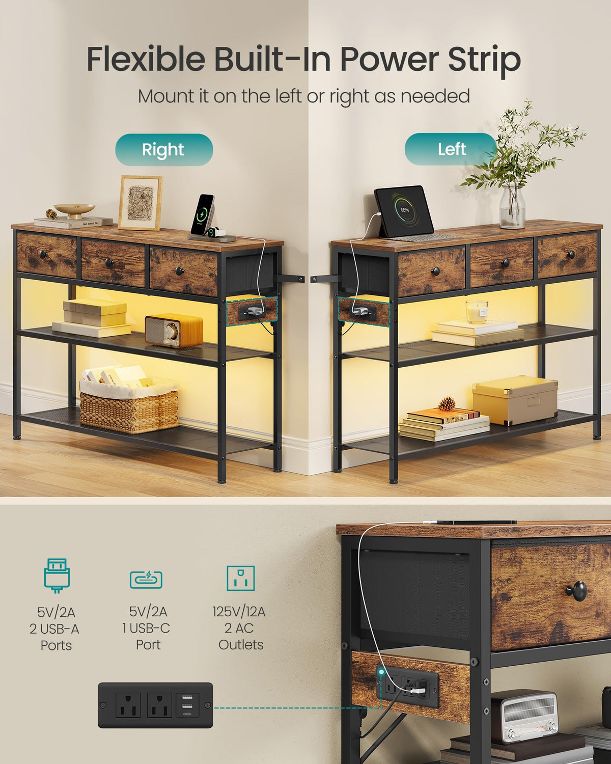 Console Table with Power Outlets and LED Lights Y8222