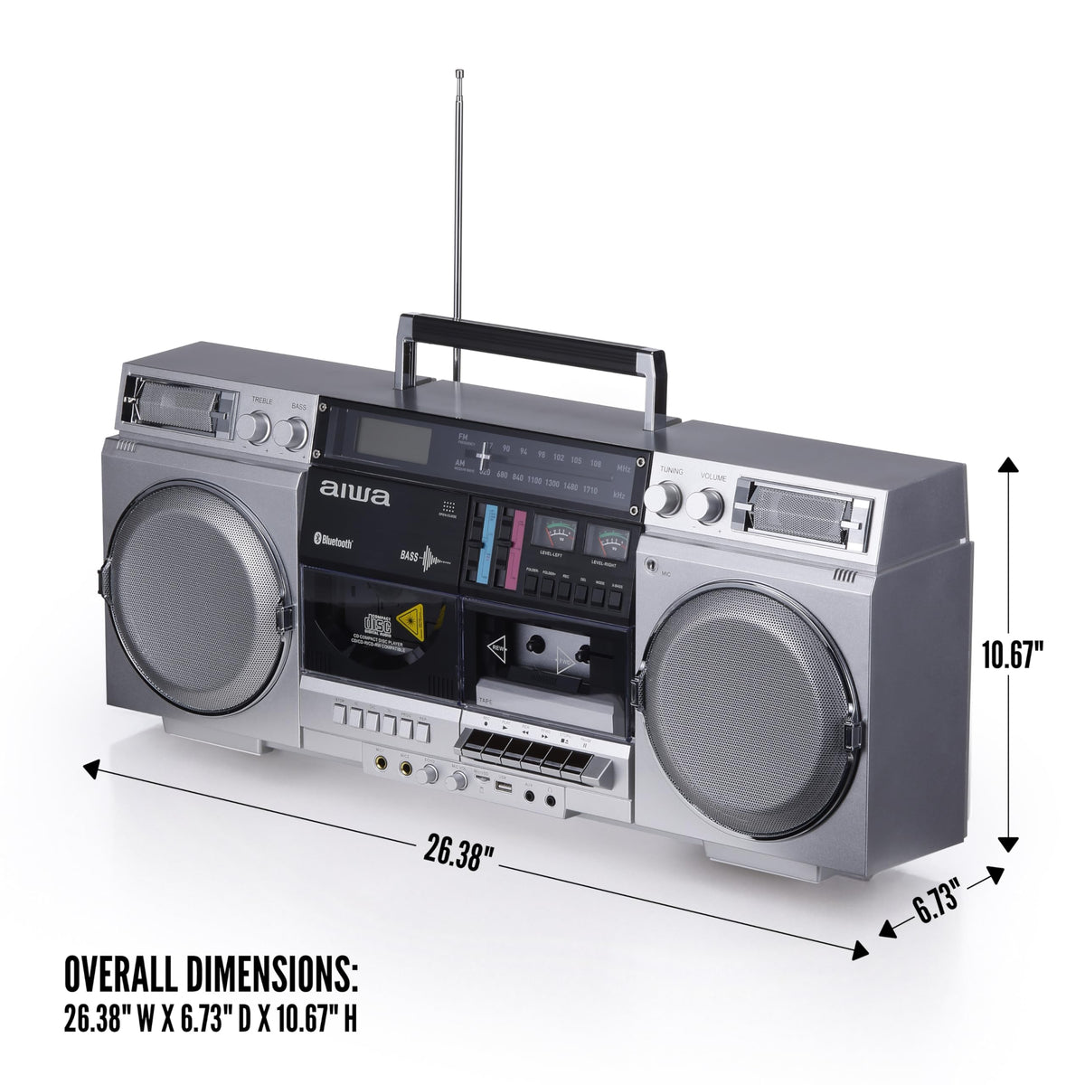 Retro Boombox CD Player with Cassette Recording, Bluetooth, FM/AM Radio, USB/SD/AUX Inputs, Dual 40W Speakers L239