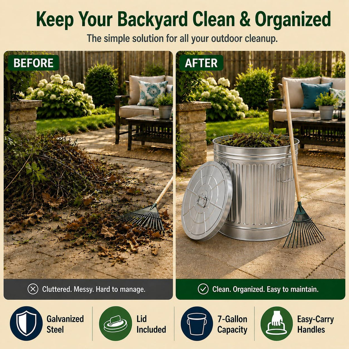 7 Gallon Galvanized Steel Trash Can with Lid D793449