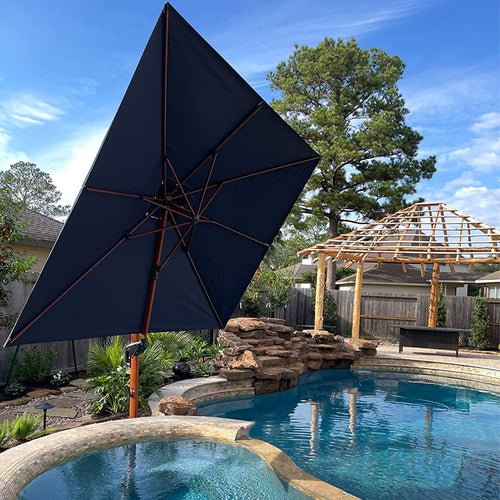 10ft Double Top Wood-Grain Finish Navy Blue Patio Umbrella U583