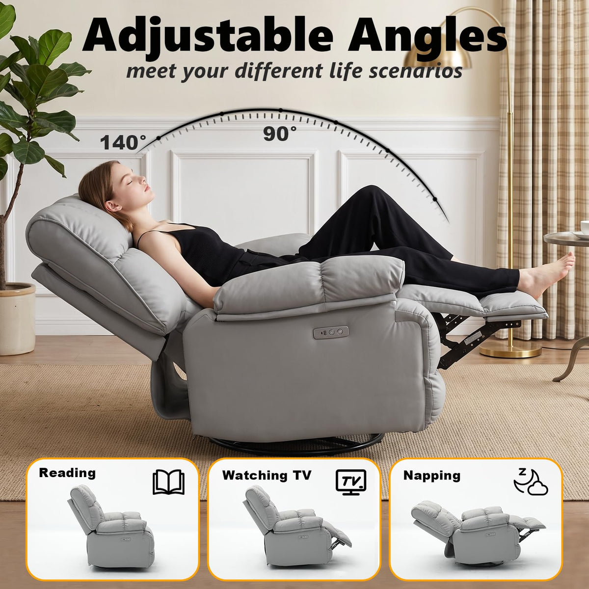 Oversized Gray Leather Power Swivel Rocker Recliner A9302