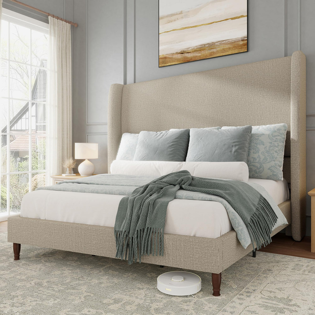 Queen Size Upholstered Wingback Headboard Bed Frame N95518