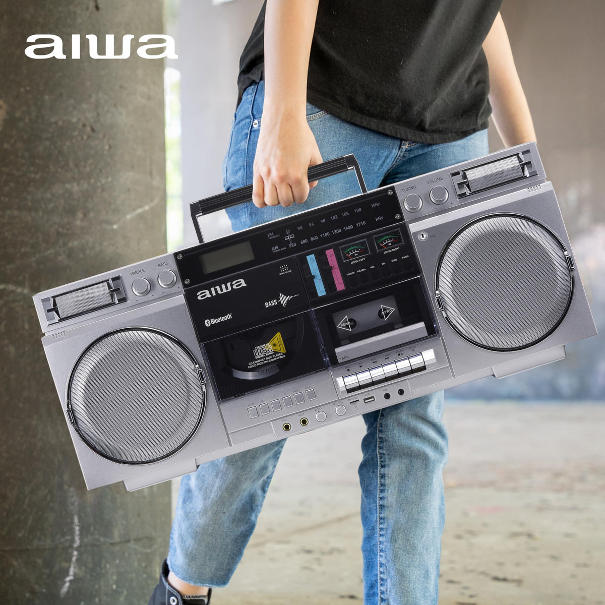 Retro Boombox CD Player with Cassette Recording, Bluetooth, FM/AM Radio, USB/SD/AUX Inputs, Dual 40W Speakers L239