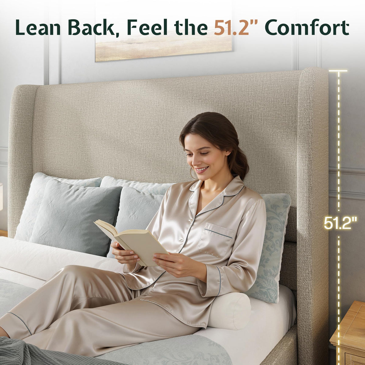 Queen Size Upholstered Wingback Headboard Bed Frame N95518