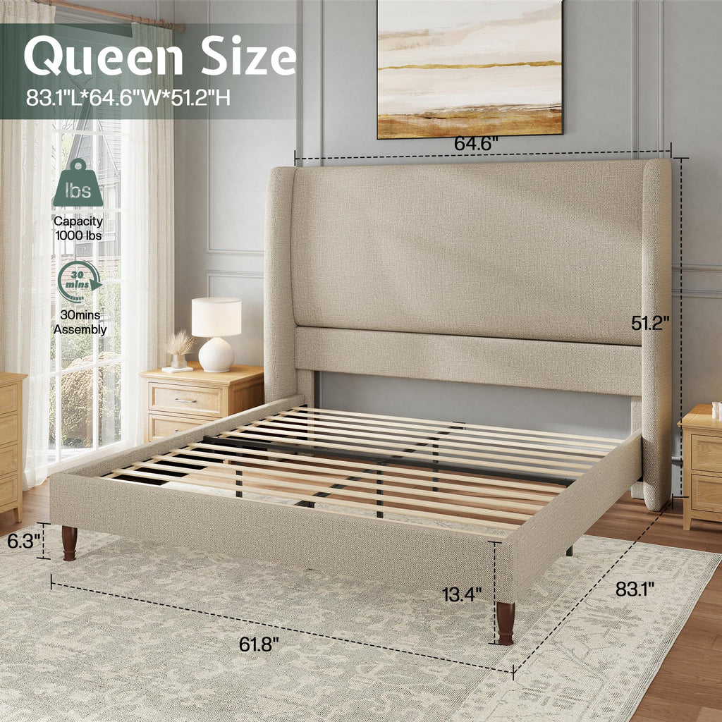 Queen Size Upholstered Wingback Headboard Bed Frame N95518