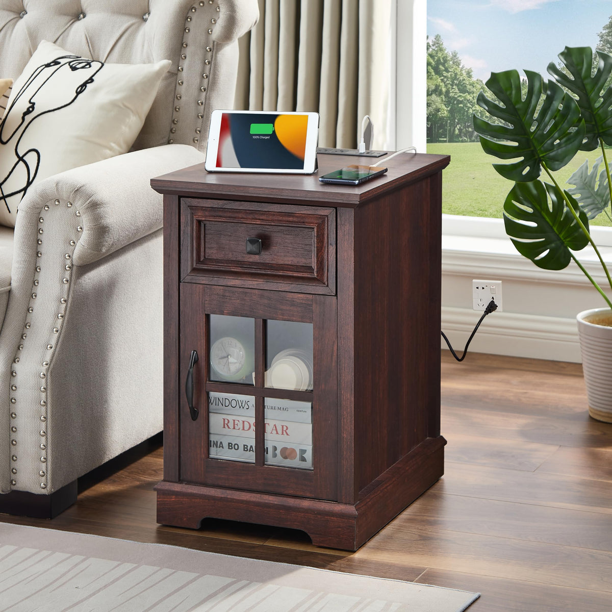 Cherry Side Table with Charging Station M8103