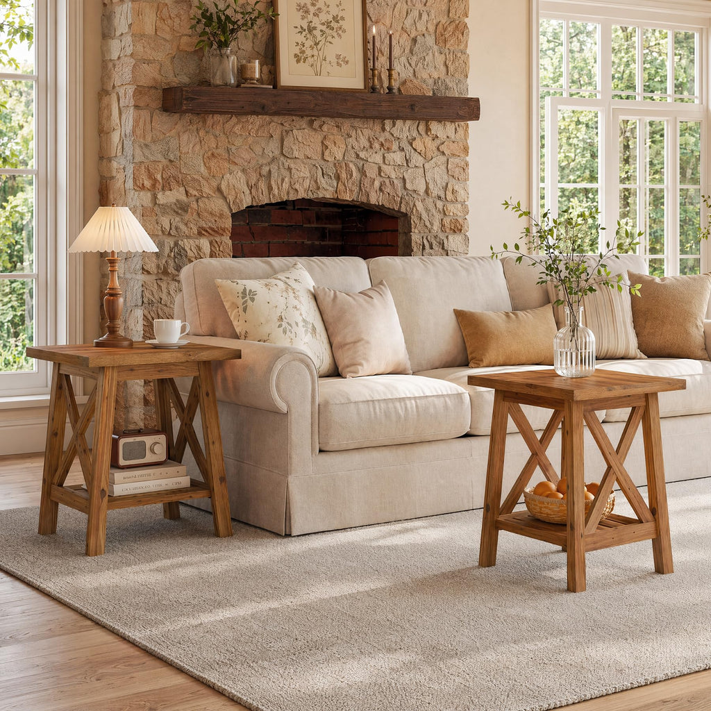 Solid Wood End Table Set of 2, Square Side Table with Storage, 2-Tier Nightstand, Brown G9614