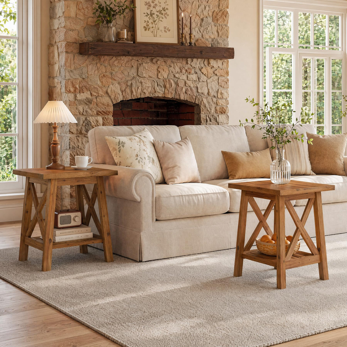 Solid Wood End Table Set of 2, Square Side Table with Storage, 2-Tier Nightstand, Brown G9614