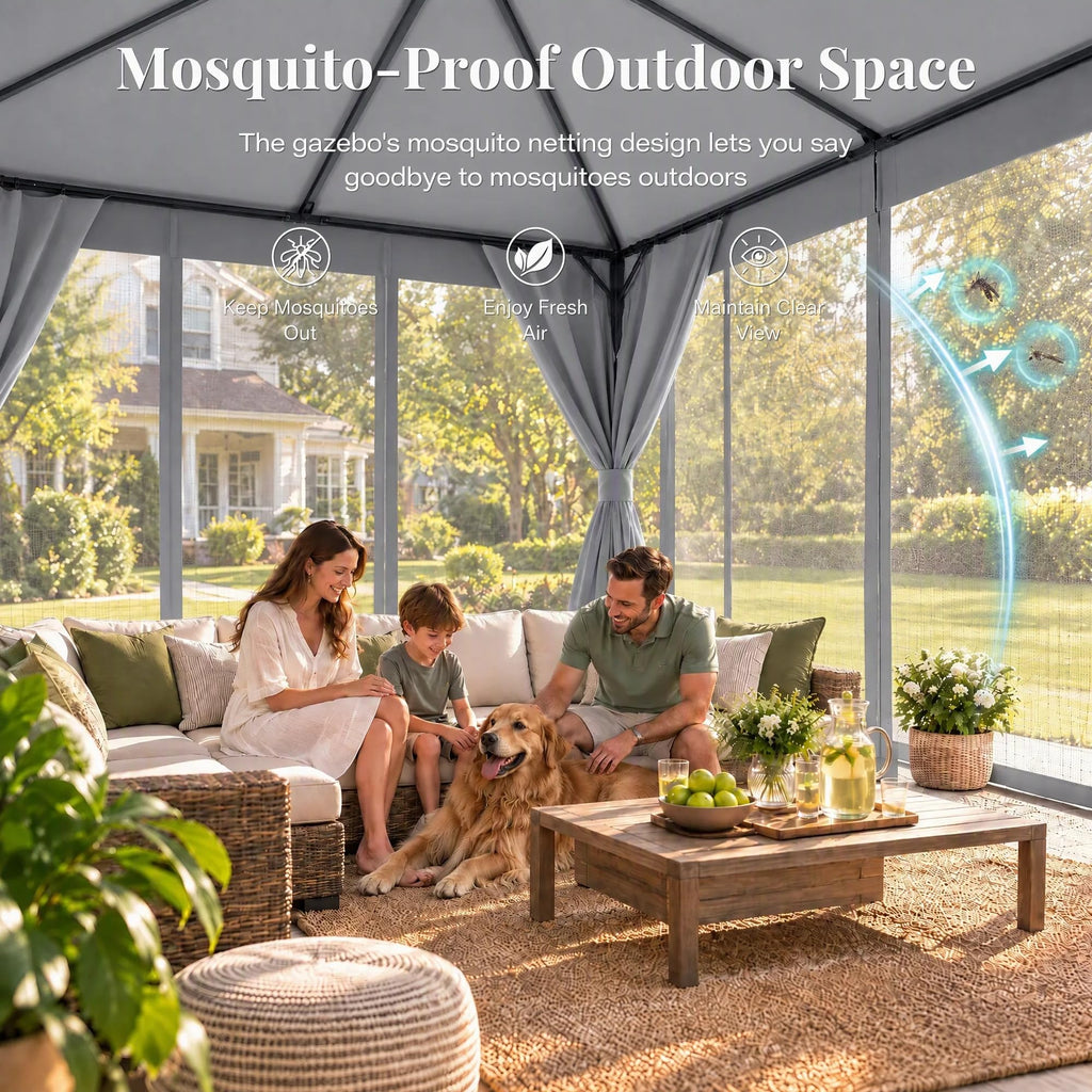 8x8 Gazebo Canopy with Netting, Curtains & Double Roof K726