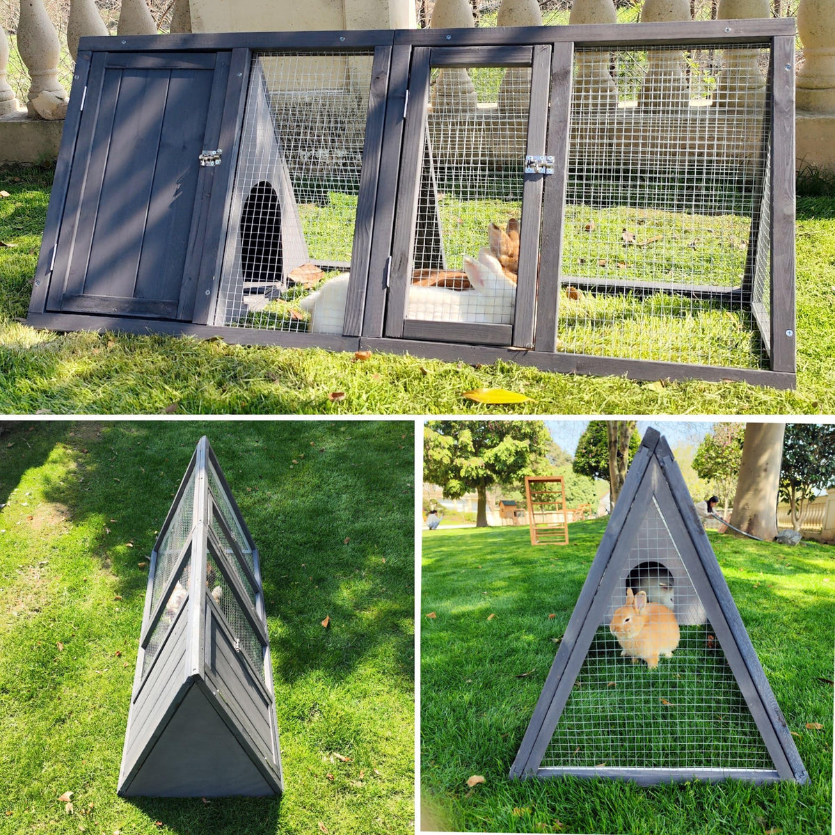 Wooden A-Frame Rabbit Hutch with Chicken Run E17837